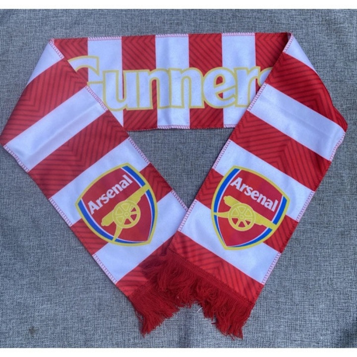 Fular suporter/esarfa, din pene, cu imprimeu Arsenal, personalizabil, cu franjuri, rosu/alb, 148x18 cm