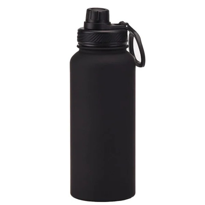Termos sport, sticla de apa izoterma din otel inoxidabil, dublu perete izolat vid, cu capac infiletat si maner, Negru, 1000 ml