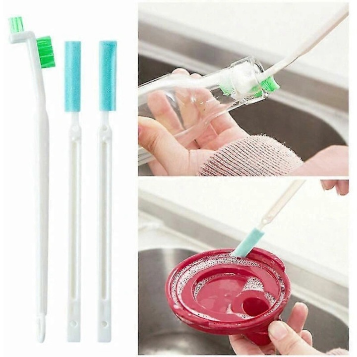 Set 3 bucati, perii pentru sticle si termos, periute cu burete moale din microfibra, maner ABS cu carlig pentru agatare, 19 cm, alb/albastru