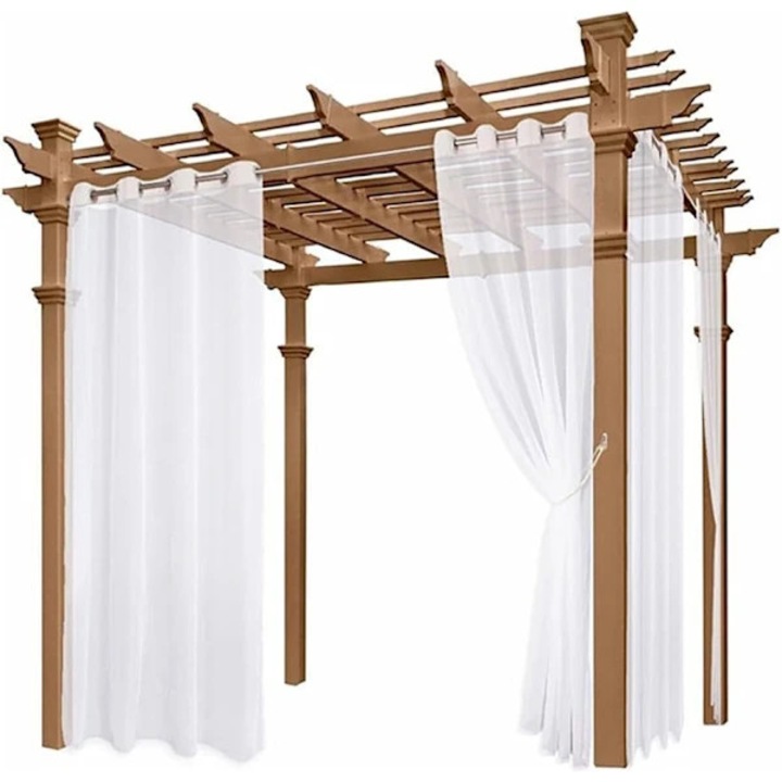Set 2 bucati, perdele de exterior impermeabile din poliester si semi-transparente cu aspect de in, usor de intretinut, alb, 2 x 132 x 213 cm