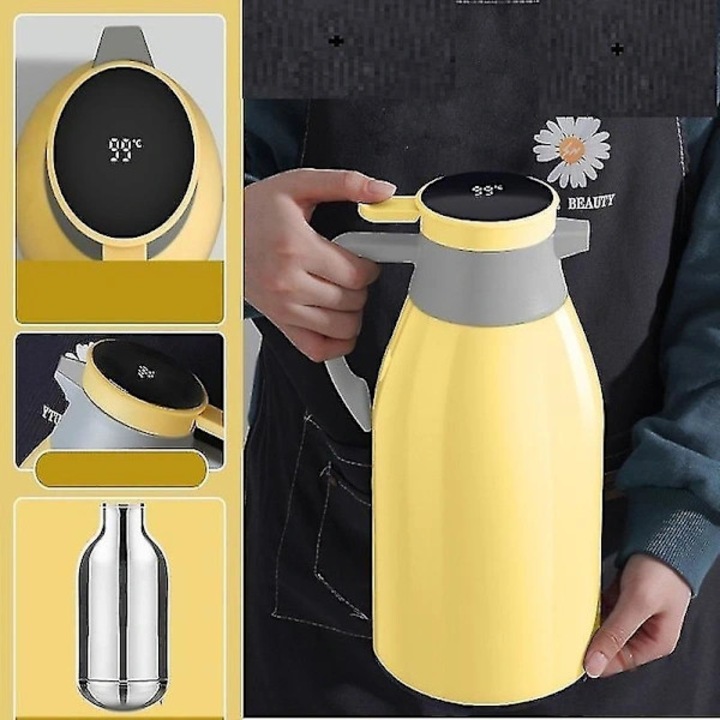 Termos, sticla izoterma cu captuseala din sticla, afisaj temperatura, izolatie 12-24 ore, eco-friendly, galben, 1900ml