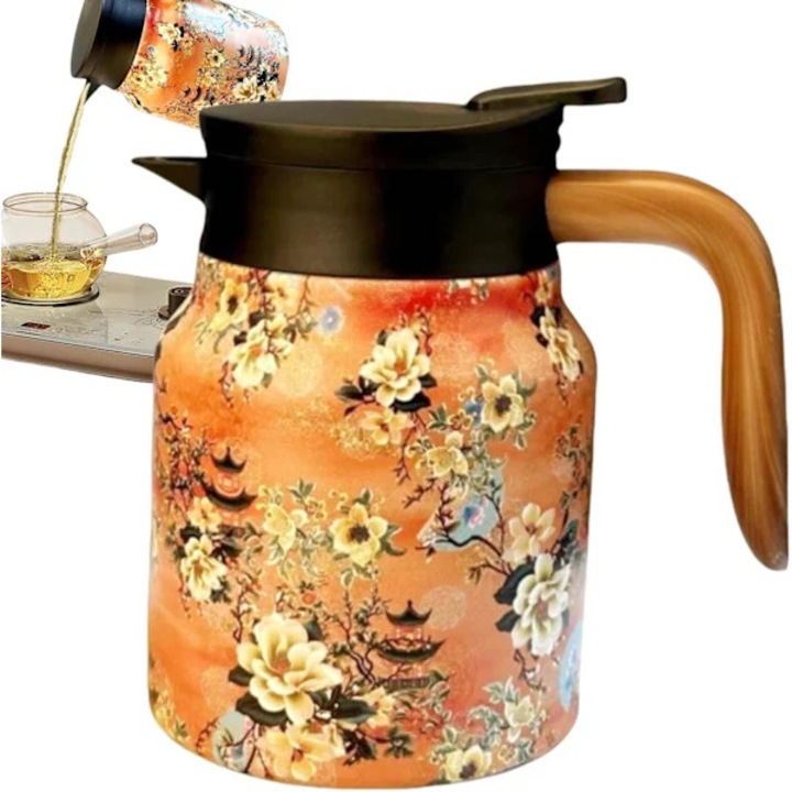 Termikus teáskanna, 1000 ml, rozsdamentes acél, fa fogantyú, belső szűrő