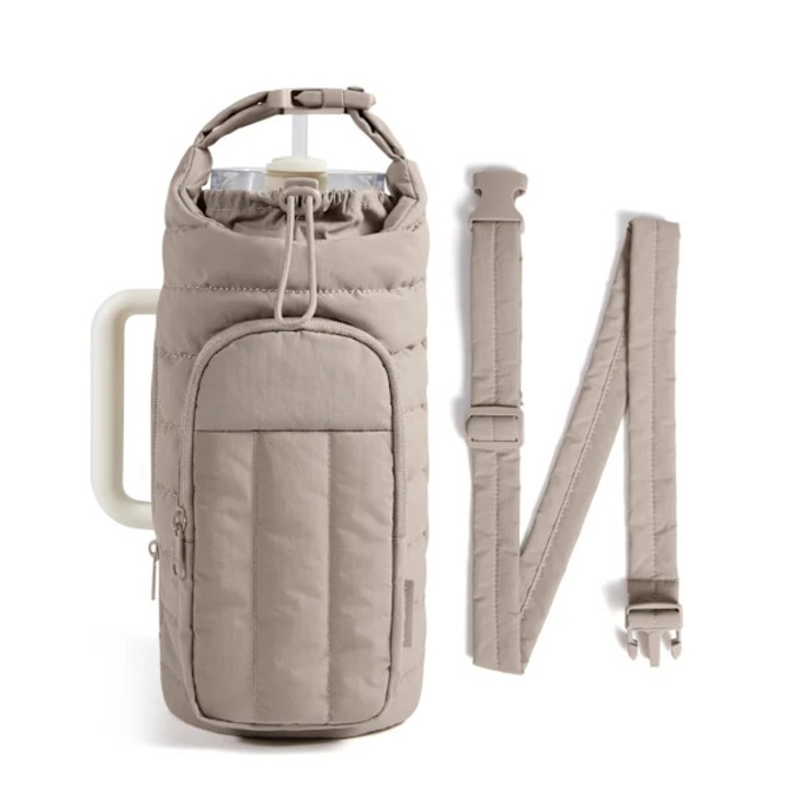 Sportos crossbody táska, tevebarna szürke, több zseb, 18-64oz, 3 hordozási mód