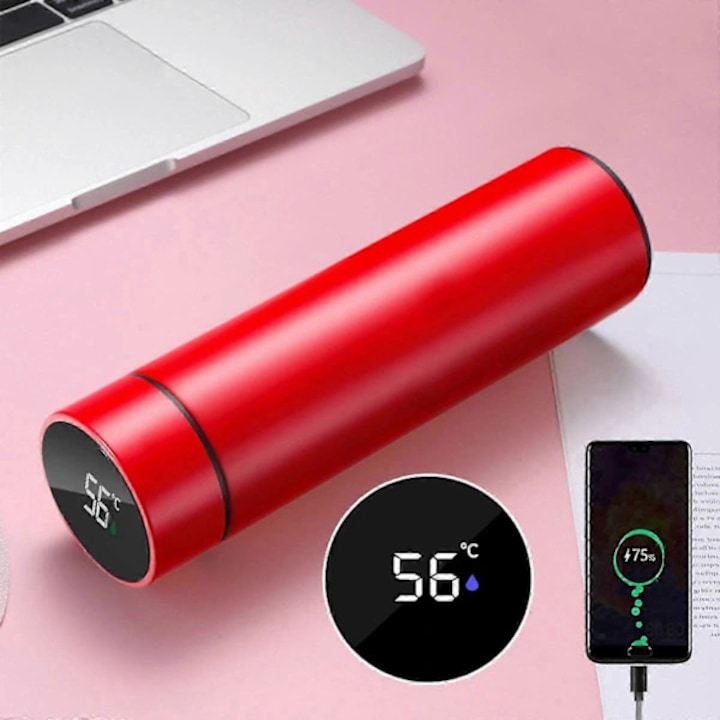 Termos USB (sticla termica) cu afisaj LCD, inox 304, functie power bank 2000mAh, izolatie pana la 12 ore, 500ml, rosu