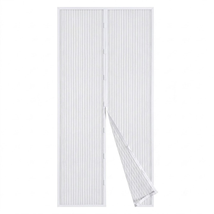 Plasa Anti Insecte pentru Usa cu Inchidere Magnetica, Aloro®, 100 x 210 cm, Auto-Inchidere, Montaj Fara Gaurire, Alb