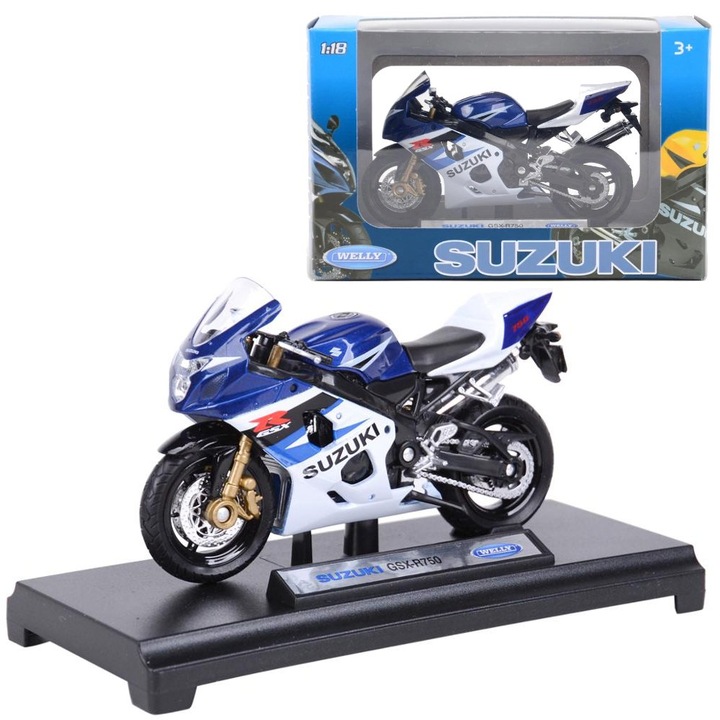 Welly Suzuki GSX-R 750 1:18 motorkerékpár modell, mozgatható, fekete 12x4x7cm