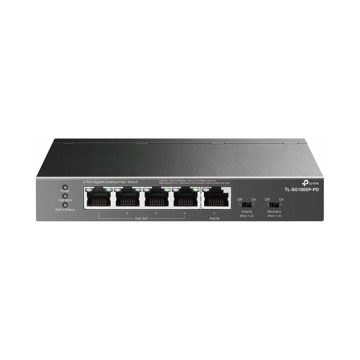 Суич/Комутатор TP-Link TL-SG1005P-PD, 5 гигабитови порта, 1x PoE++ IN и 4x PoE+ OUT, захранване само чрез PoE, режим Extend до 250 м, PoE Auto Recovery, метален корпус, сив, 158 x 101 x 25 мм