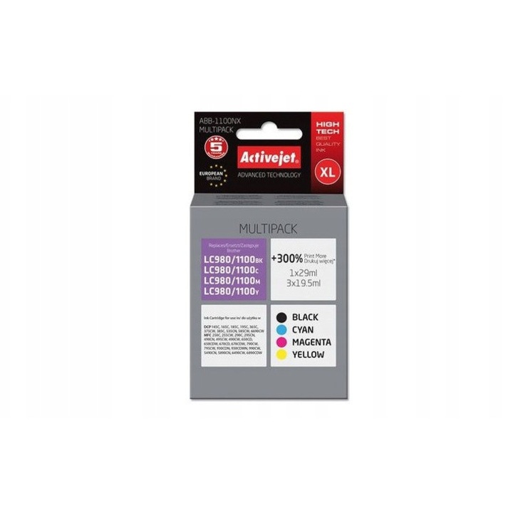 ActiveJet LC1100 LC980 tintapatron készlet, 4 darab, fekete, cián, magenta, sárga, 29x19.5ml