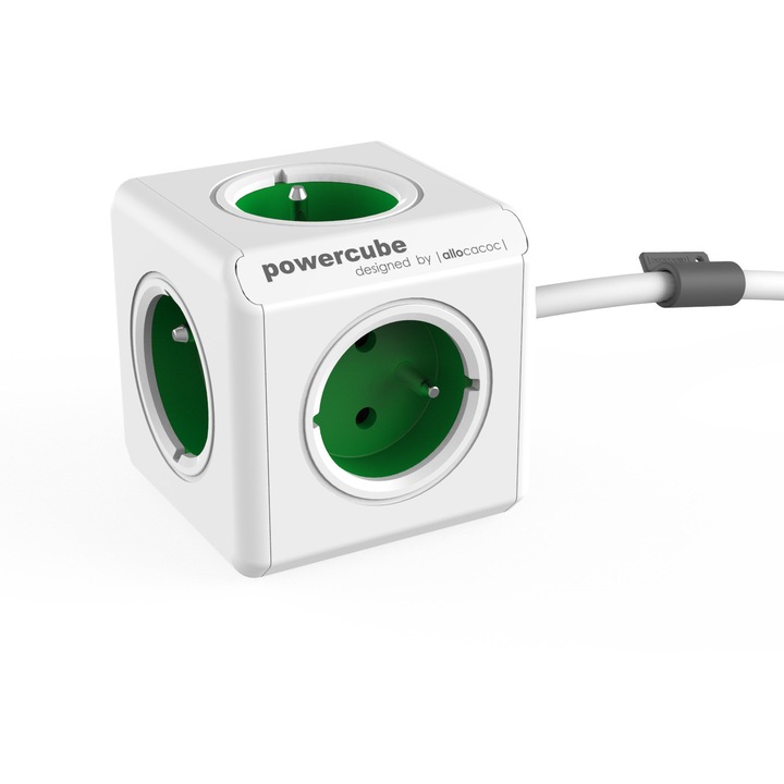 Allocacoc PowerCube Extended kocka elosztó, 5 db E típusú (francia) aljzat, gyermekvédelemmel, rögzítőrendszerrel és kábelrögzítővel, fehér/zöld, 1,5 m kábel