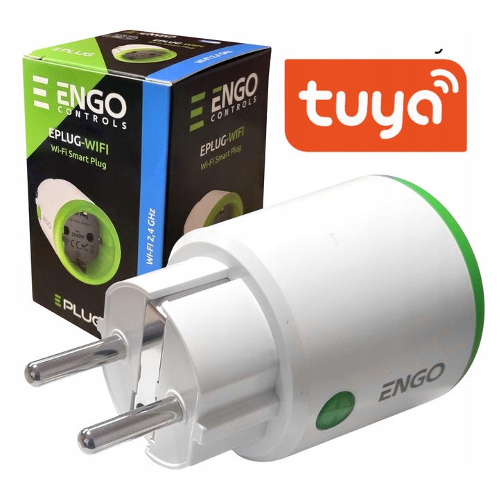 Интелигентен контакт Smart Plug ENGO EPLUG-WIFI, Wi-Fi 2,4GHz, 16A (макс. 3680W), измерване на консумацията на енергия, съвместим с Tuya/Alexa/Google Assistant, защита за деца, бял/зелен, 1 бр