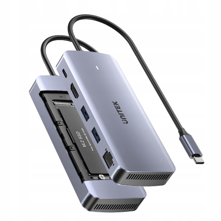 Hub USB-C Unitek D1120A01, 10 Gbps, M.2, HDMI, Ethernet, 100W, alumínium