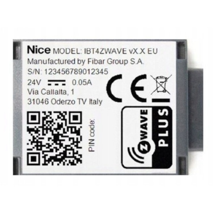 Interfata Nice IBT4ZWAVE, compatibil Z-Wave/Z-Wave+ cu criptare AES-128, montaj plug-in si alimentare 24V, Gri, 37x28x21 mm