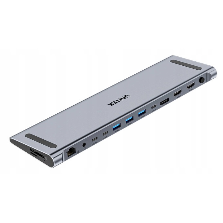 Unitek UHub15+ dokkolóállomás, KVM, 3 db 4K videókimenet, szürke, 16x80x116mm