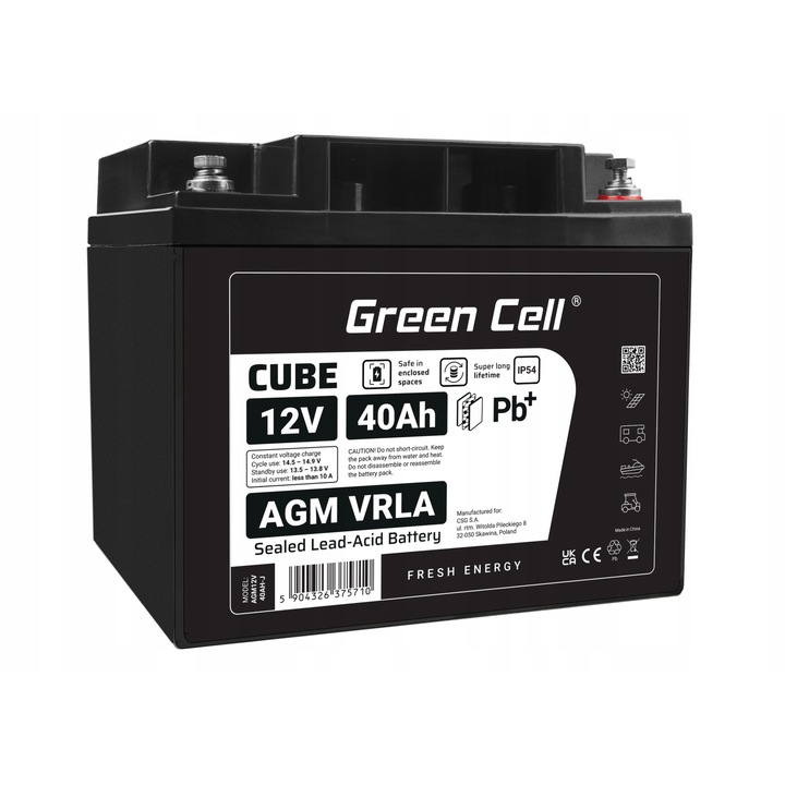Acumulator AGM Green Cell 12V 40Ah rezistent IP54 17x19.7x16.5cm 12kg
