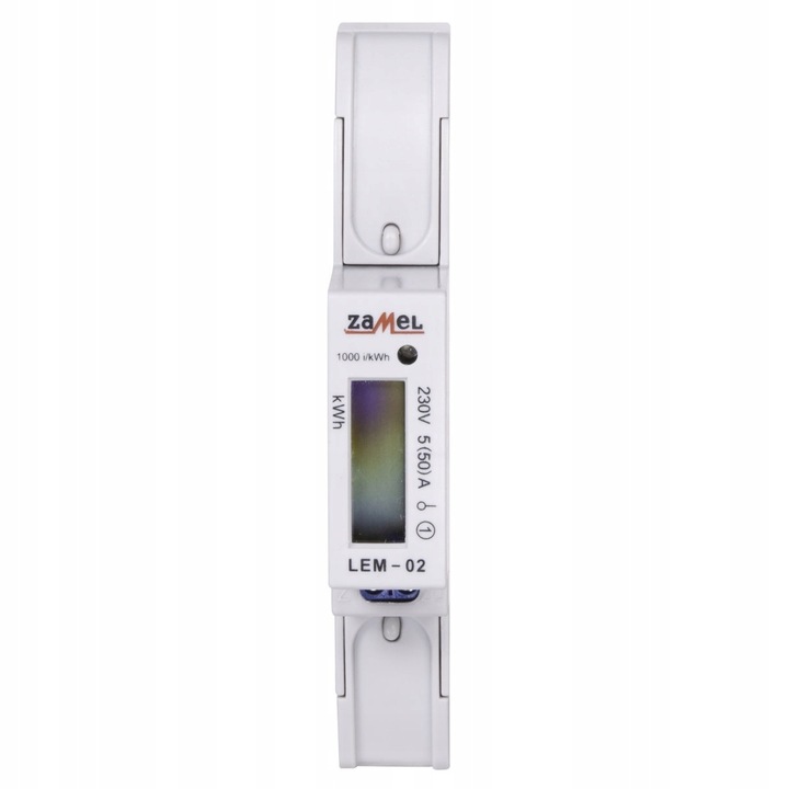 Zamel LEM-02 egyfázisú villamosenergia-mérő, 50A, 230V, LCD kijelző, TH 35 sínre szerelhető