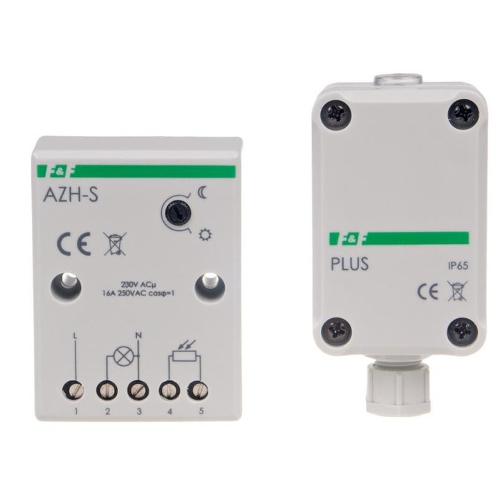 Automat zmierzchowy / fotocela F&F AZH-S PLUS, cu sonda externa IP65, 16A 230V AC, reglabil 2-1000 lx, alb, 1 buc