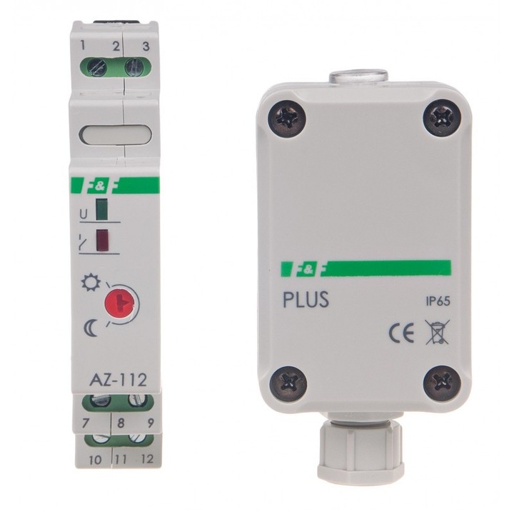 Automat crepuscular / senzor de lumina F&F AZ-112-PLUS 16A 230V, reglabil 2-1000 lx, cu sonda externa IP65, alb