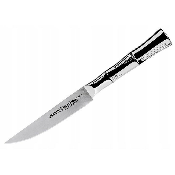 Samura Bamboo SBA-0031 steak kés, AUS-8 acél fogazott penge 11 cm, rozsdamentes acél nyél, ezüst, 1 db.