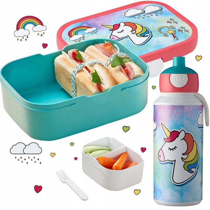 2 darabos szett, Mepal Campus Unicorn uzsonnás doboz és Mepal Campus Unicorn kulacs, kivehető rekesszel és villával, szivárgásmentes csőrrel, Többszínű, 1 x 750ml / 1 x 400ml