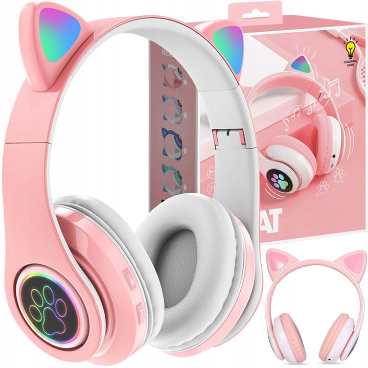 LTC vezeték nélküli Bluetooth 5.0 fejhallgató, rózsaszín, 40mm, macskafülekkel, szett