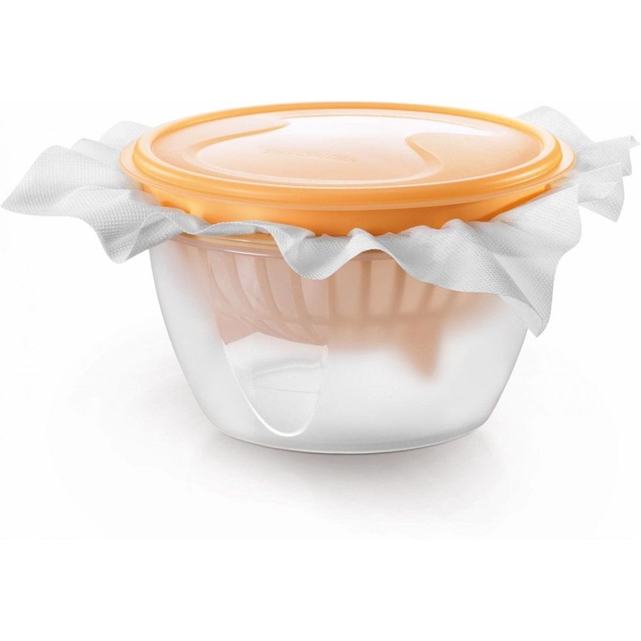 Set pentru prepararea branzei Tescoma Della Casa, din plastic, cu bol si sita, 5 panze reutilizabile, portocaliu/transparent, O22 cm