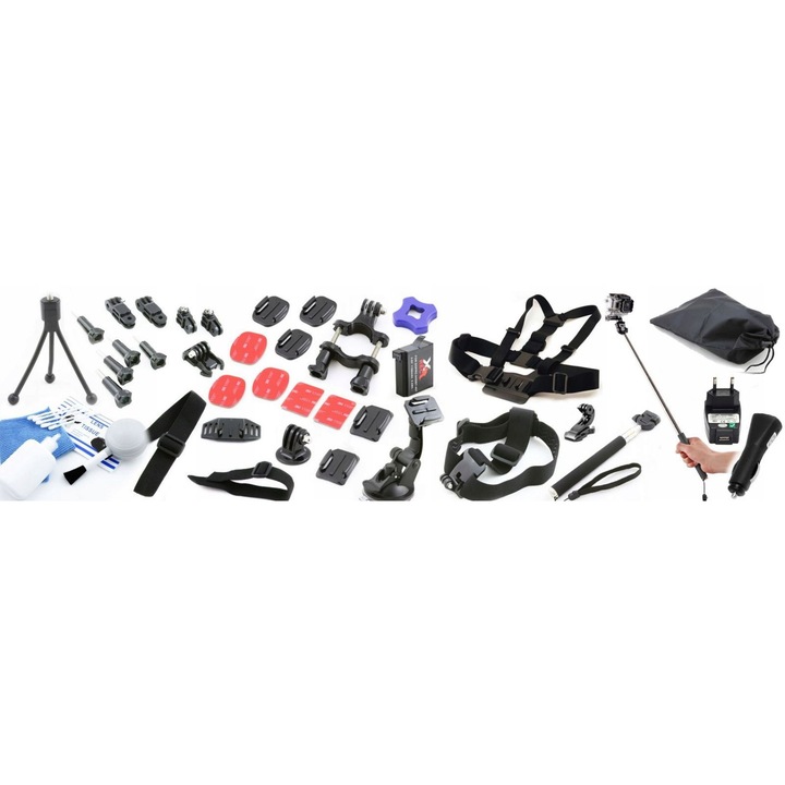 Комплект аксесоари за монтаж Xrec GoPro SJCAM монопод 20-110см черен 52 части