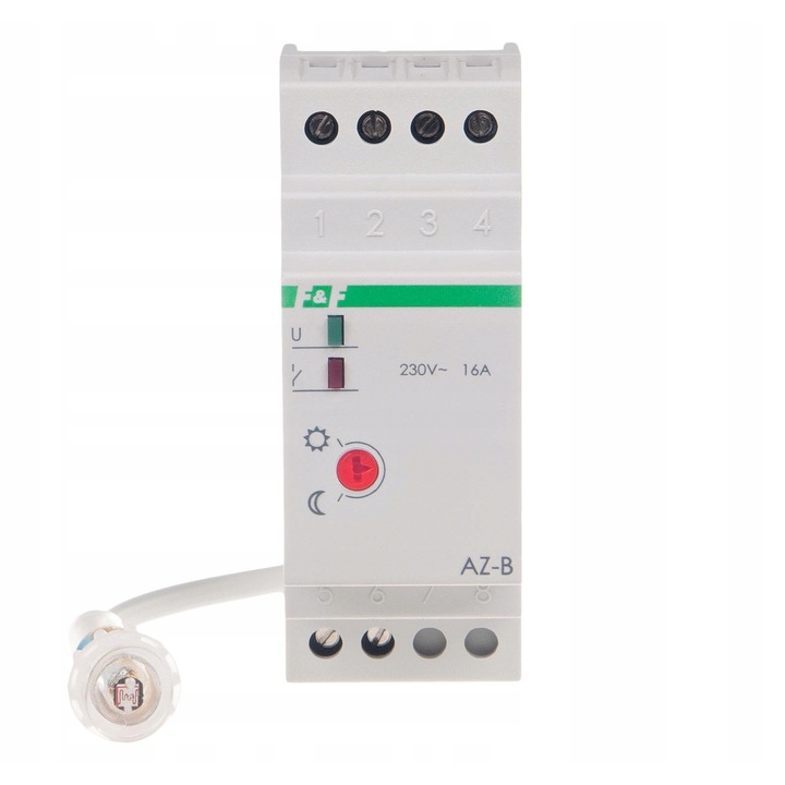 Automat crepuscular F&F AZ-B, 16A 230V, reglaj 2-1000 lx, cu sonda externa 10 mm, IP20, montaj pe sina DIN, Alb, 2 module