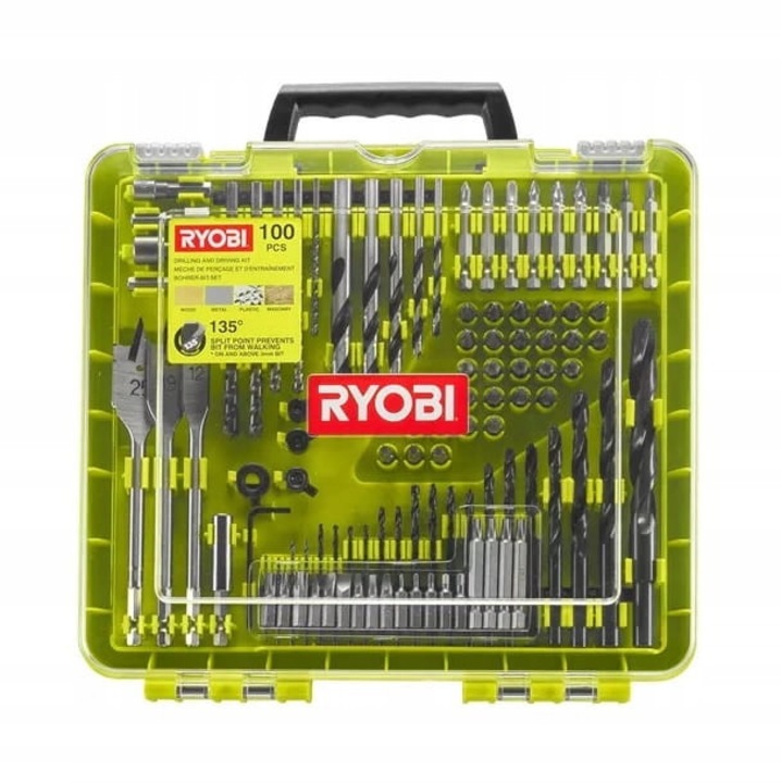 Set accesorii pentru gaurit si insurubat Ryobi RAKDD100, 100 piese, biti si burghie panza 12/19/25 mm, capete soclu 6/8/10/11 mm, limitatoare de adancime, valiza din plastic, verde