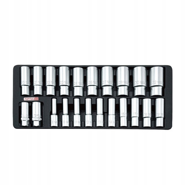 Toptul 22 részes hosszú dugókulcs készlet 8-32mm hatszögletű 434x176x43mm