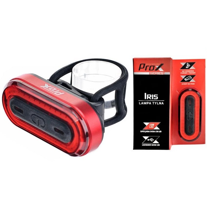 Prox Iris LED COB USB hátsó lámpa, 50lm, fekete, 6 mód, 62x28x15mm
