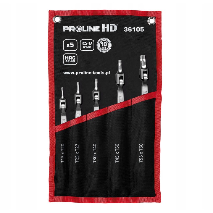 5 db csuklós Torx kulcskészlet Proline CrV szatén króm 220° T15-T60