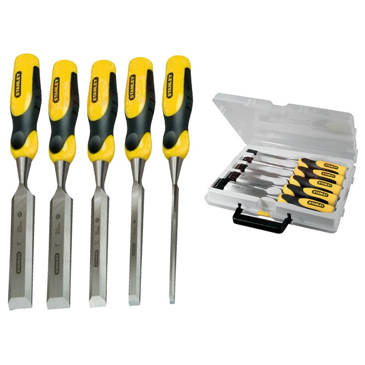 Dalti pentru lemn Stanley Dynagrip FUFN4VFSW8, set 5 piese (6, 10, 15, 20, 25 mm), maner bimaterial ergonomic, lame calite si slefuite, galben/negru