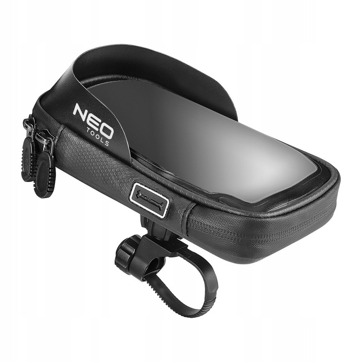 NEO TOOLS, чанта/калъф за велосипед от водоустойчив текстилен материал, със стойка за телефон, 360° монтаж и закрепване към кормило до O35 мм, джоб с цип и изход за слушалки, 91-001, черен