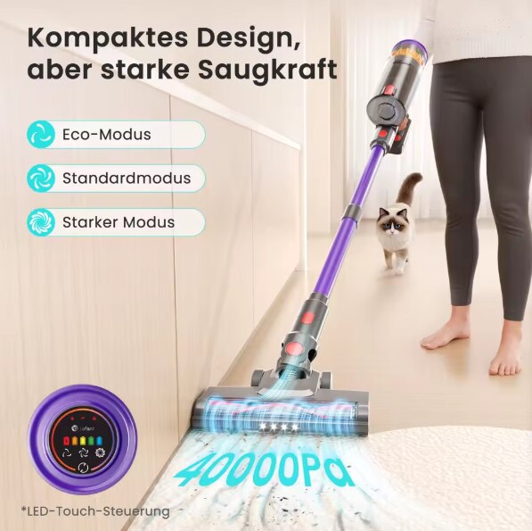 Aspirator Lefant, fara fir, 40.000 Pa, motor fara perii, afisaj LED, filtrare HEPA in 5 etape, autonomie de 42 de minute, curatare par de animale, V1