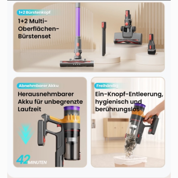 Aspirator Lefant, fara fir, 40.000 Pa, motor fara perii, afisaj LED, filtrare HEPA in 5 etape, autonomie de 42 de minute, curatare par de animale, V1