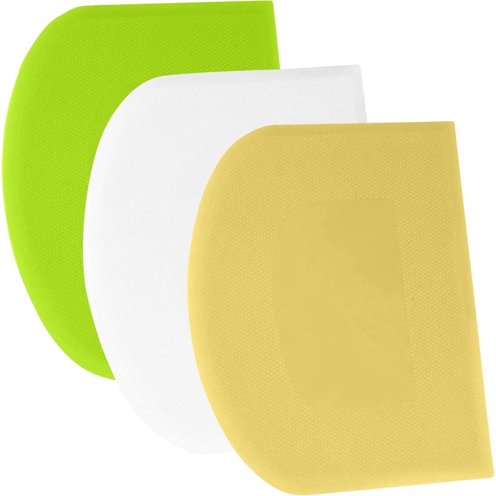 Set 3 raclete flexibile pentru aluat, plastic PE, alb-galben-verde, 12x9.5cm