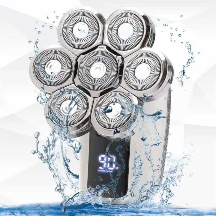 Aparat de ras electric / trimmer 6 in 1 A69, reincarcabil, rezistent la apa, cu 6 capete rotative, accesorii pentru barba, taiere par nas si corp, perie de curatare, argintiu, 1 buc