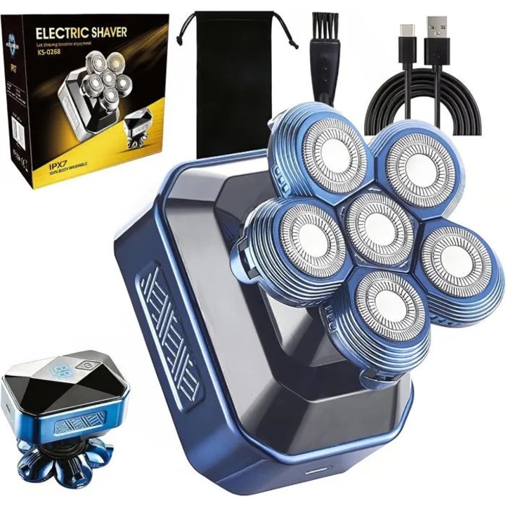 Aparat de ras electric pentru barbati, cap rotativ 6D, impermeabil IPX7, umed si uscat