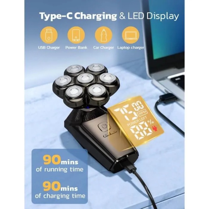 Aparat de ras electric, rasor electric 5 in 1, incarcare Type-C, etans IPX7, incarcare rapida, afisaj LED, negru, 1 buc