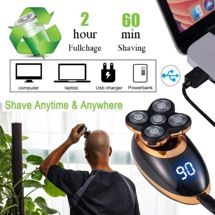Aparat de ras electric 5 in 1, trimmer, capete flexibile 5 directii, fara fir cu incarcare usb, rezistent la apa, cu afisaj lcd, negru, 1 buc