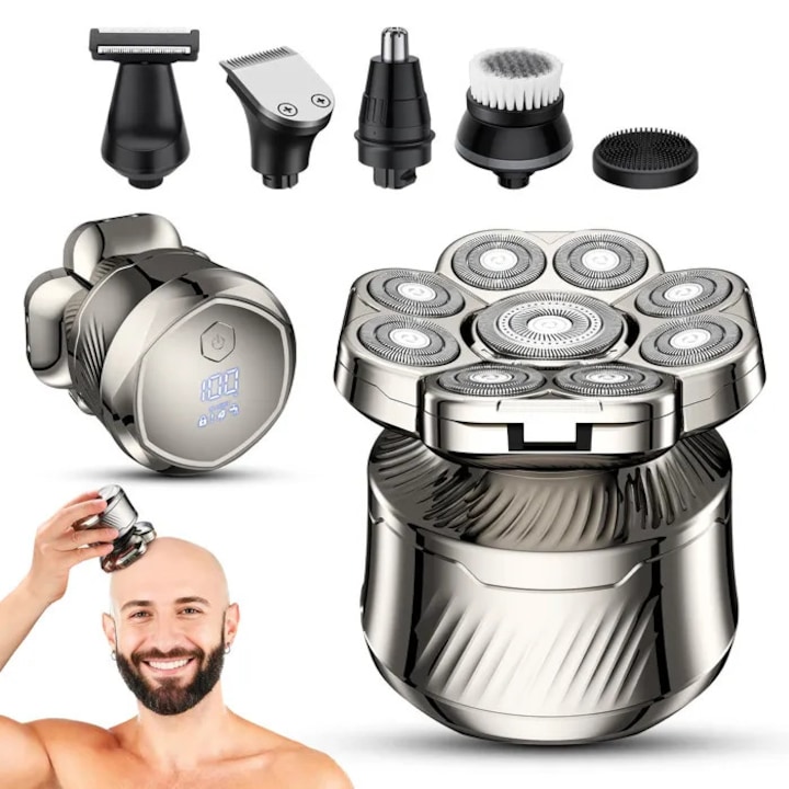 Aparat de ras electric 7D pentru barbati, trimmer pentru craniu, 6 in 1 cu capete interschimbabile, incarcare wireless/USB, impermeabil IPX7, ecran LED, argintiu, 1 buc