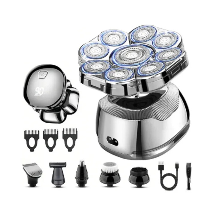 Aparat de ras electric, trimmer kit 6 in 1, capete 9D flexibile, impermeabil IPX6, uscat si umed, incarcare USB-C, ecran LED, argintiu, 1 buc