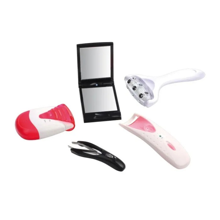 Set 5 bucati, accesorii cosmetice, cu oglinda compacta si penseta, cutie cu spuma protectoare, multicolor