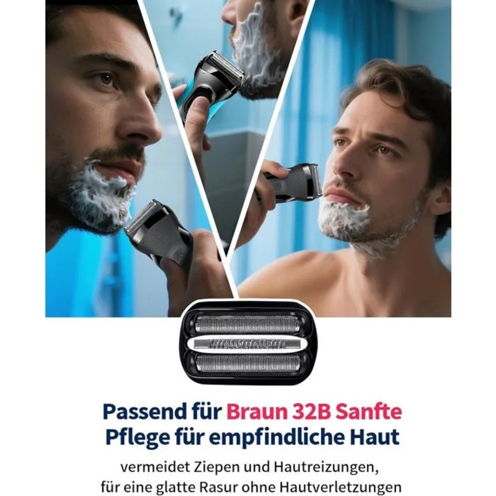 Cap de rasare de schimb, rezerva 32B compatibil Braun Series 3, 3 lame flexibile din otel inoxidabil, carcasa ABS rezistenta, 100% etans lavabil, Negru, 1 buc.