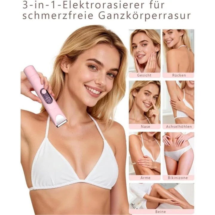 Női elektromos borotva, 3 az 1-ben borotva/epilátor, hipoallergén kerámia penge, IPX7 nedves/száraz használat, LED kijelző, rózsaszín, 1 db