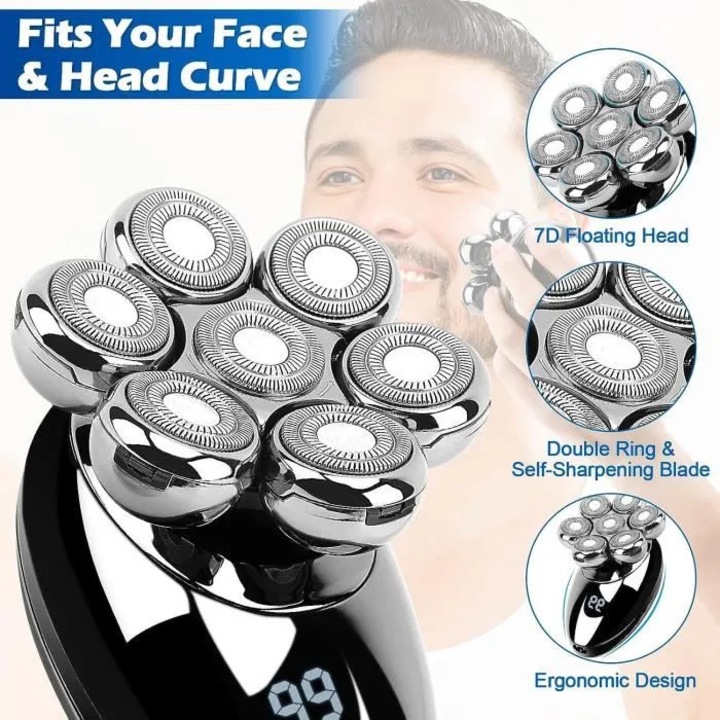 Aparat de ras electric 5 in 1 H902, 7 lame cu cap 7D flotant, cu trimmer pentru par si nas, include 4 piepteni 3/6/9/12 mm, fara fir, rezistent la apa, negru/argintiu, 1 set