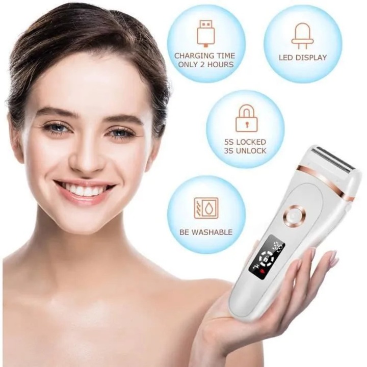 Aparat de ras electric femei, alb, reincarcabil, cu accesorii, epilator bikini