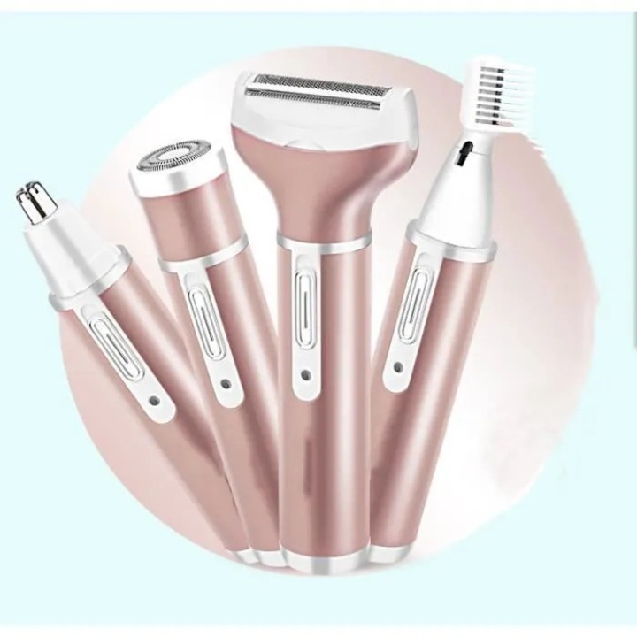Aparat de ras electric, trimmer multifunctional pentru femei, cu 4 capete interschimbabile pentru zone intime, axile, sprancene si nas, Roz-auriu, 1 buc