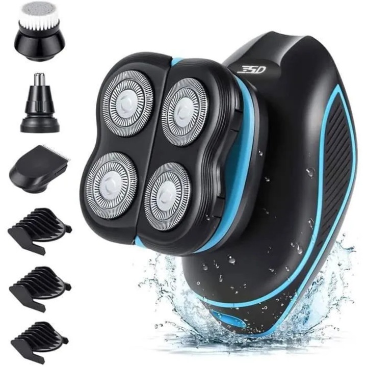 Aparat de ras electric/rasor electric 5 in 1, reincarcabil, pentru umed si uscat, cap 4D rotativ cu 4 capete, ecran led, impermeabil, negru/albastru, 1 buc