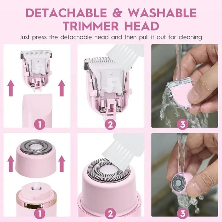 Aparat de ras electric 2 in 1 pentru femei, trimmer intim, capete detasabile si lavabile, IPX7 rezistent la apa, lame din otel inoxidabil hipoalergenice, roz, 1 buc